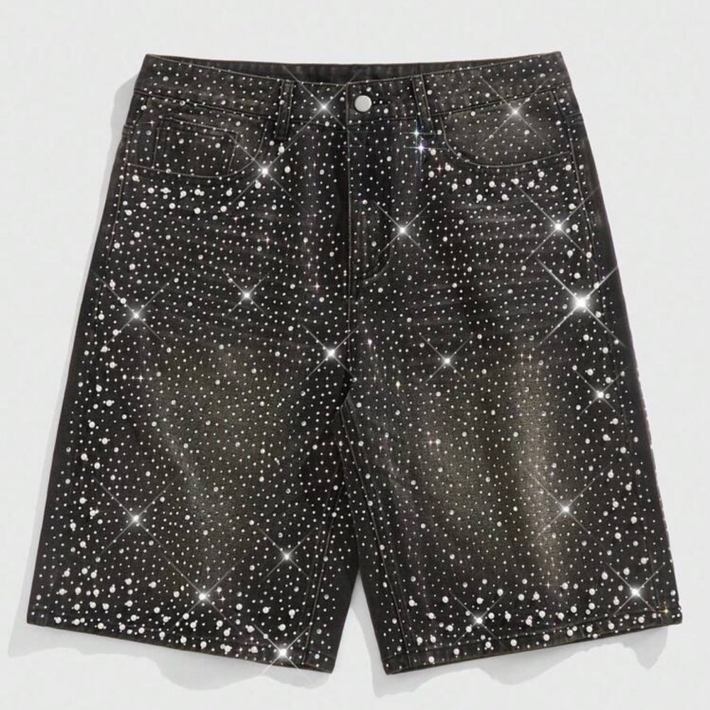 ROMWE Men's Pearl Rhinestone Beaded Loose Denim Shorts